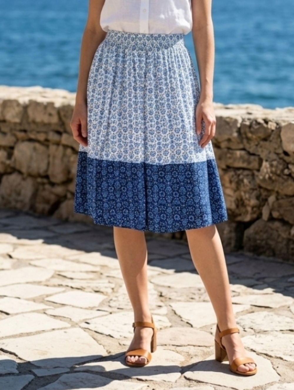 Croft & Barrow Blue Two-Tone Printed Midi Skirt Size PXXL